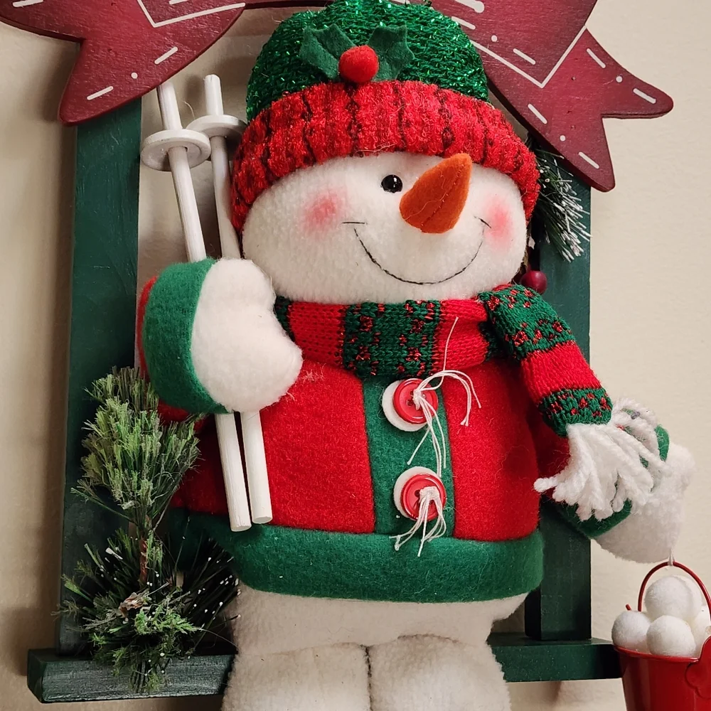 Red and Green Wood Wall Or Shelf Decor Plush Snowman With Pail Of Snowballs